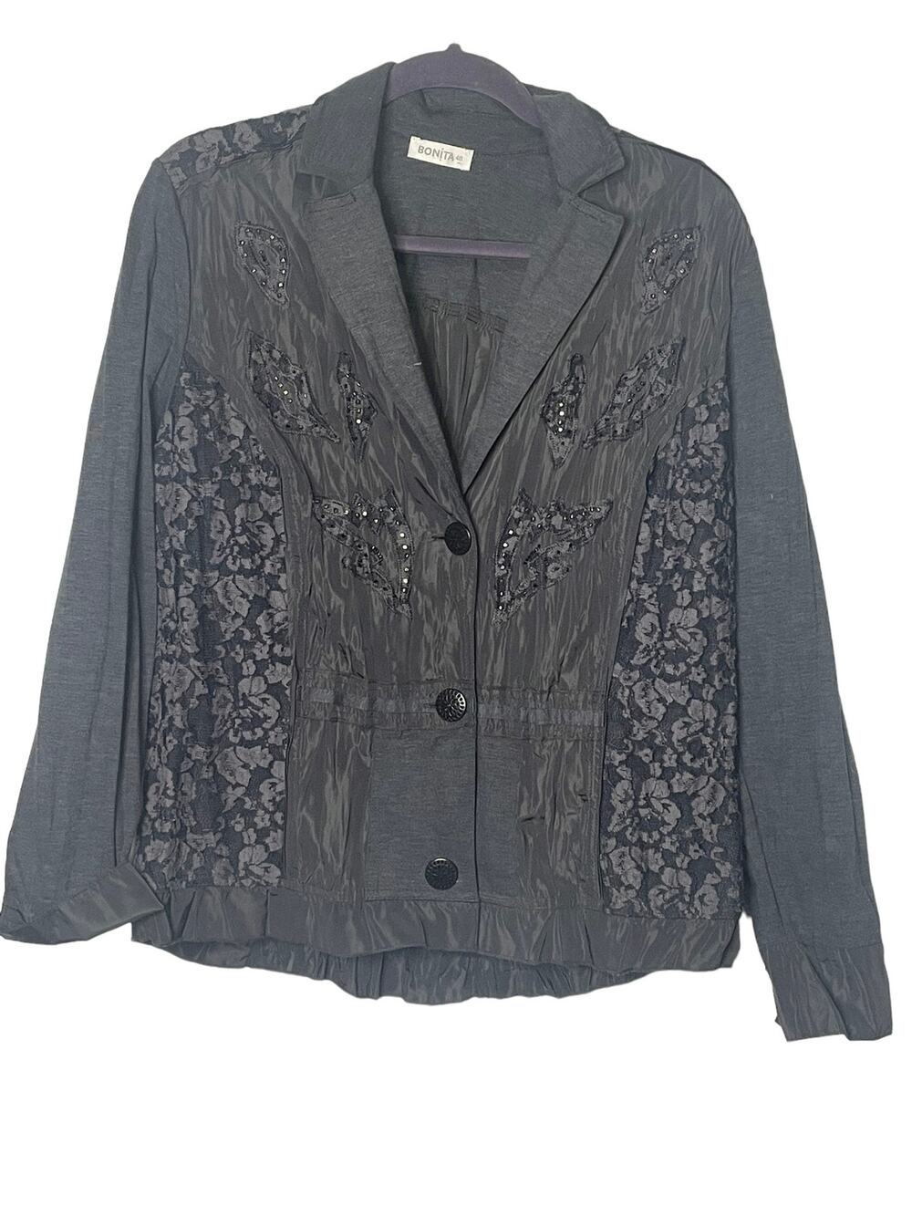 Bonita Women's Button Front Crinkle Jacket l Beaded Lace Accent Black Size 46 L